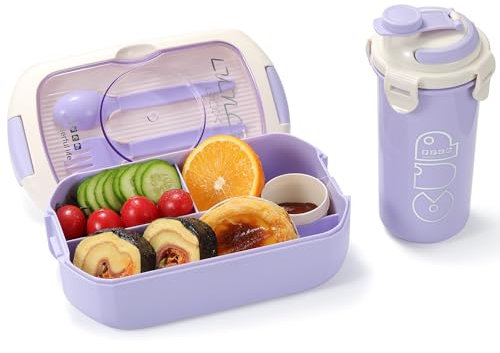 Meider Bento Box Sets, Bento Box for Kids and Adults, Reusable Meal Prep Containers with Fork,Spoon and 450ml Cup (with Cup, Purple)