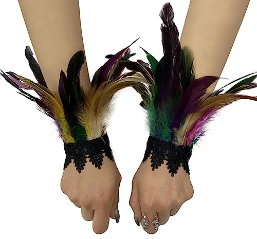 Asudaro Damen Kostüme Manschetten, Frauen Feder Handgelenk Manschetten Gothic Feder Manschette Spitze Fingerlose Vintage Feder Lange Handschuhe Armbänder Karneval Kostüm Accessoire Typ 08