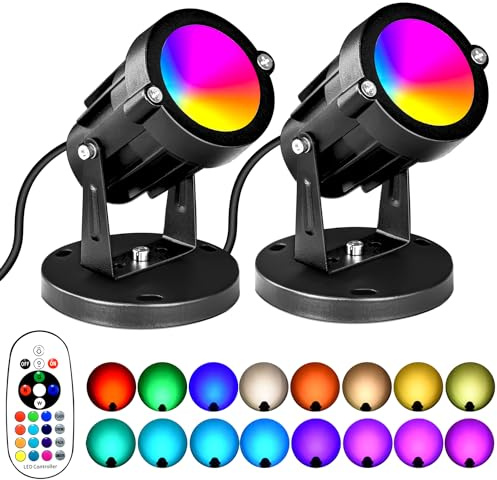 AOAXL 5W RGBW Landscape Lights, 16 Color Changing Spotlight 110V 120V Outdoor Landscape Lighting with Remote for Yard Garden Pathway(2 Pack with Base and Stake)