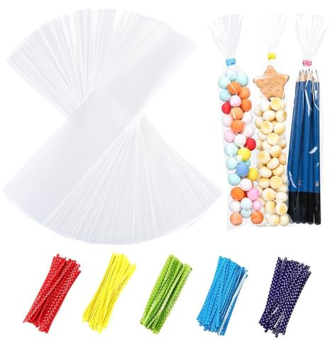 Moguri 100 Cellophantüten Klar 25 x 5 cm Zellophantüten Tütchen Transparent Kleine Tüten für Süßigkeiten Zellophanbeutel mit 100 Twist Bindungen OPP Geschenktüten