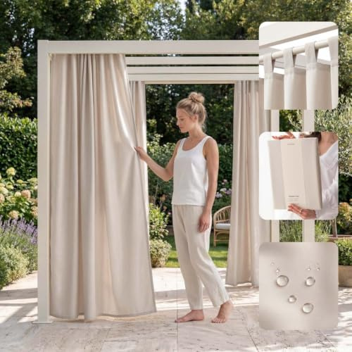 room99 Outdoorvorhäng mit Schlaufen Garden Line 155 x 200 cm Breite x Höhe Outdoor Vorhang wetterfest Wasserdicht Sichtschutz Sonnenschutz Gardinen Garten Winddicht Hellbeige, 1 Stück