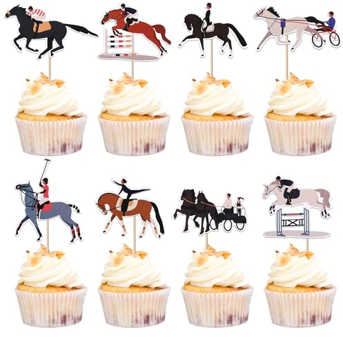 Xsstarmi 40 Packung Pferd Cupcake Toppers Pferd Rennen Cupcake Picks Retro Mittelalter Wagen Reitsport Geburtstag Zubehör für Party Kuchendekorationen