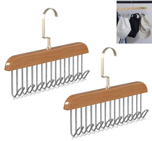 2 Stück Gürtelhalter Kleiderschrank, Gürtelaufhänger für Schrank, Holz Kleiderbügel Krawattemhalter mit 8 Haken 360 Grad Drehbarer Krawattenbügel rutschfest Gürtel Schal Organizer Aufbewahrung