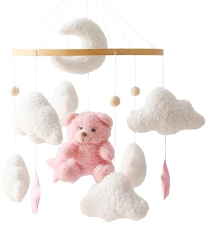 Herfair Mobile Baby sängsklocka med nallebjörn, träsäng, hängande, rosa