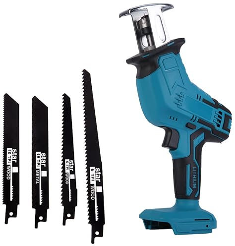 Kabellose Säbelsäge, für Makita 18 V Akku, Sägehub 20 mm, elektrische Alternative mit 4 Klingen, 0 – 3000 U/min, für Metall, Holz, PVC-Rohre, Baumschnitt (1 Akku, 1 Ladegerät)