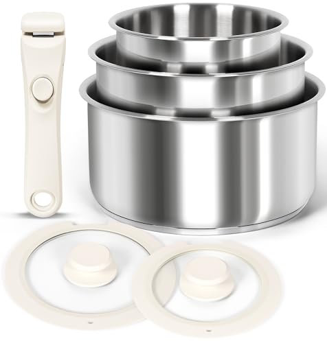 MICHELANGELO 6pcs Stainless Steel Pot Set with Removable Handle, Triply Base Stainless Steel Saucepan with Lids, Detachable Handle Saucepan Set, Induction Compatible - White