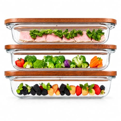 GUTHE Lifestyle 3er Set Aufschnittboxen für Kühlschrank glas, stapelbare Frischhaltedosen mit Akaziendeckel, Auflaufform Set, Wurst und Käse Aufbewahrung