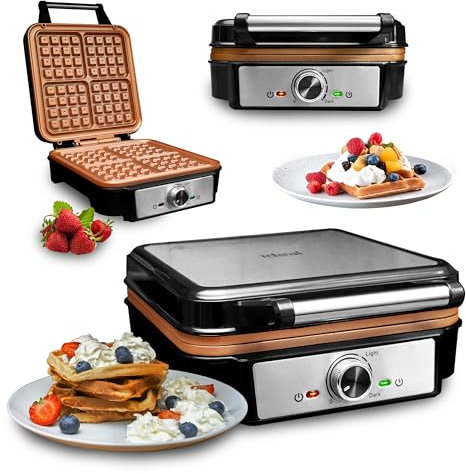 Gaufrier électrique pour 4 gaufres, gaufrier, grille-pain à gaufres, gaufrette puissant, 1200 W, acier inoxydable, 4 gaufres à la fois, revêtement antiadhésif, température réglable