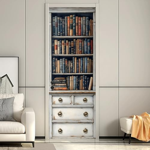 workid Türtapete Selbstklebend Türfolie Selbstklebend Türaufkleber Türposter Türsticker Fototapete 3D Effekt für Schlafzimmer Wohnzimmer Küche Vintage Buchregal Aufkleber 77 * 200cm MT-3
