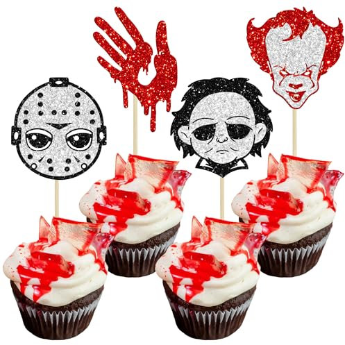 Gyufise 24Pcs Halloween Horror Movie Cupcake Toppers Horror Bloody Knife Cupcake Picks Killer Cupcake Decorations for Horror Classic Movie Theme Birthday Halloween Party Cake Decorations Supplies