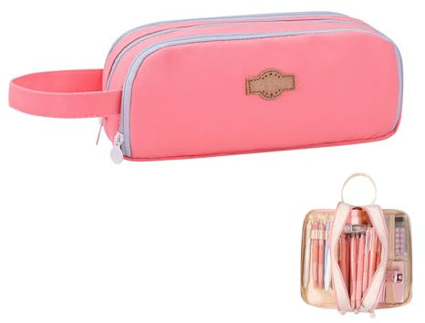 Recitem Federmäppchen mit 3 Fächern, Ästhetisches Mäppchen für Teenager, Große Federtasche für Erwachsene, Handheld Schlampermäppchen für Mädchen und Jungen, Kosmetiktasche (Rosa)