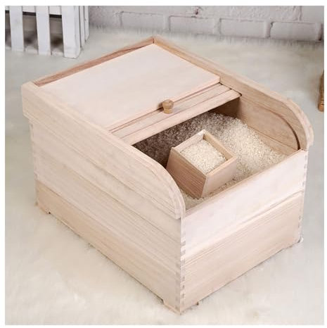 IUokLU Boîte de Rangement de Riz en Bois Massif 11/22/33 LB Contenants Alimentaires avec Tasse à mesurer Grand Distributeur de céréales en Bois Aucun Assemblage requis，Couleur du Bois d'origine