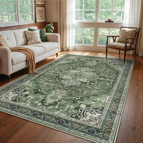 GENIMO Orientalischer Vintage Teppich Dunkelgrün, Waschbar, 200x290 cm | Ornamentales Vintage-Medaillon in Dunkelgrün, waschbar, pflegeleicht und rutschhemmend – für große Wohnbereiche.