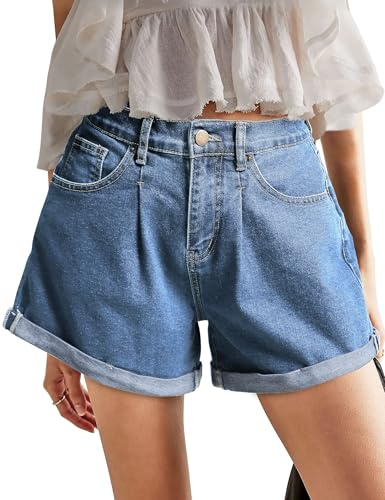 Fengbay Damjeans, shorts, stretch, hög midja, hotpants, rullade, hem, designade korta byxor, sommar, casual, Ljusblå, M kort