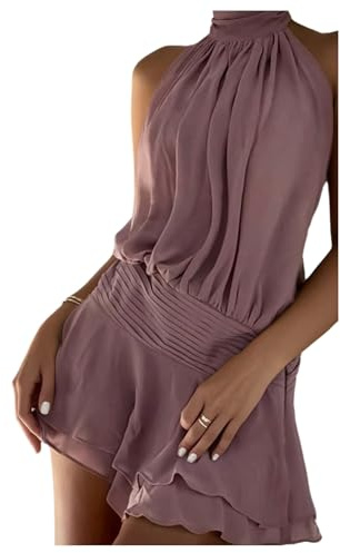Floerns Women's Summer Mini Dress Sleeveless Halter Backless Ruched Date Night Layered A Line Dresses Dusty Pink Small