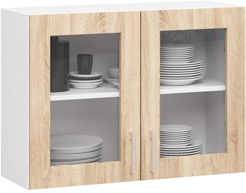 AKORD | Pensile da Cucina a Parete LIMA - Vetrina Sospesa in Vetro 80 cm, H580 | 2 Ripiani e 2 Anta Armadio da Cucina | Componibile Mobili da Cucine Armadi | Pannello laminato Bianco & Quercia Sonoma