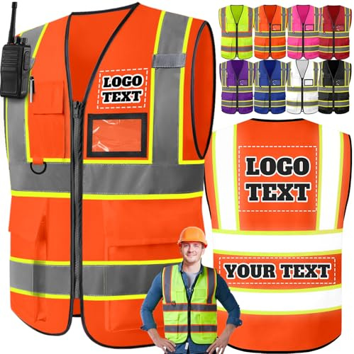 Sicherheitsweste mit Logo nach Maß - Personalisierte reflektierende Warnweste Bedruckt mit Taschen, Reißverschluss & Druck (Foto/Text) Zweifarben-Design für Damen und Herren auf der Baustelle-Orange