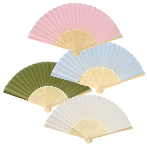 DOINEUFL 4 Pcs Paper Fans, Silk Fabric Bamboo Wooden Handheld Fan Folding, Folding Chinese Fan for Wedding, Dancing, Home Decoration (Multicolour)