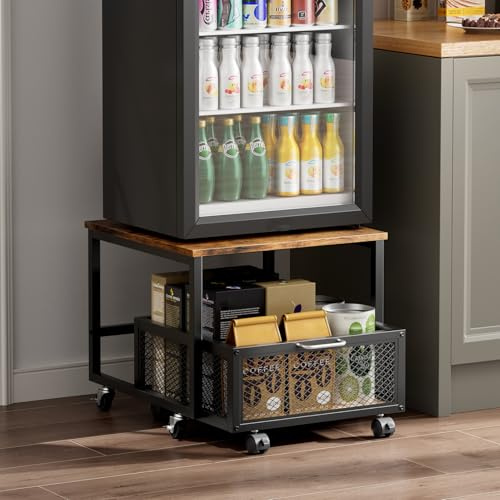 Warmiehomy Mini Fridge Stand with Storage Mobile Refrigerator Stand with Lockable Wheels Portable Refrigerator Trolley Cart Wheels Rolling Mini Fridge Table with Basket for Home Kitchen Office, Black