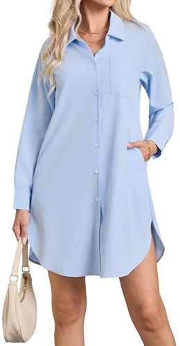 Enmain långärmad blus skjorta för kvinnor klänning knappar upp bomull tunika casual blusar toppar med fickor, Ljusblått, L
