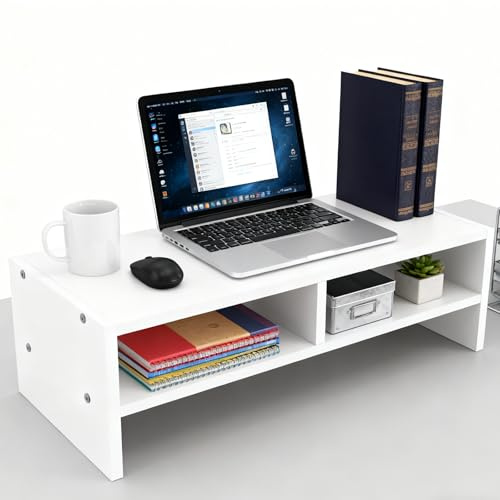 CYEER Monitorständer Weiß aus Holz - Bildschirmerhöhung mit 2 Ablagefächern - Ergonomischer Monitor Erhöhung für Schreibtisch & Home Office - Schreibtisch Organizer für Laptop & PC - 40 x 18 x 11 cm