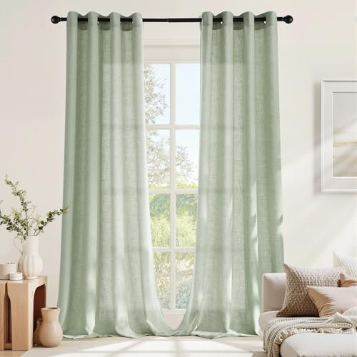NICETOWN Grün Leinen Vorhang mit Ösen Boho Gardinen Halbtransparent | Graugrün, H220 x B140 cm, 2er Set, Landhaus Gardinen für Wohnzimmer und Schlafzimmer, Sichtschutz, Lichtdurchlässig