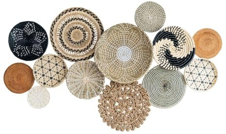 SCHNAMEE 13-teiliges Boho Wandkunst-Set – Handgefertigte Wanddeko Rattanteller – Natürliche Wandkunst & Rattan Boho Wandkorb – Wohnzimmer, Schlafzimmer & Flur Deko