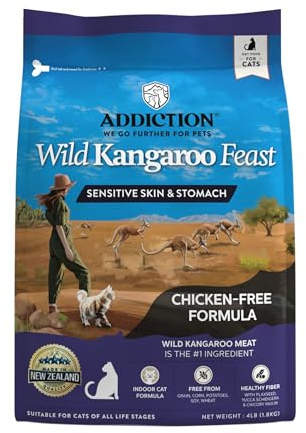 Addiction Wild Kangaroo Feast Dry Cat Food – Limited Ingredients, Novel Protein for Cats with Sensitive Skin & Stomach – Chicken Free & Grain-Free - Made in New Zealand 4lb