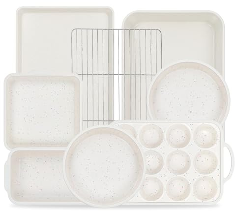 Vinino 8-Piece Baking Pans Set Nonstick, Bakeware Set includes Silicone Muffin, Loaf, Cake Pans with Metal Reinforced Frame, and Carbon Steel Roasting Pan, Cookie Sheet, Cooling rack for Oven-Cream