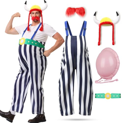 Cheffery Disfraz de Hombre Galo para Carnaval | Disfraces de Carnaval para Hombres con Almohadilla en el Abdomen, Sombrero Vikingo y Barba Roja, Traje a Rayas Azul-Blanco