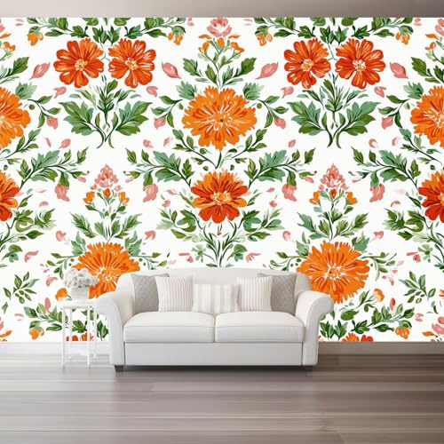 Papier Peint Panoramique XXL Fleurs et Feuilles Shabby Chic 400 x 280 cm - Fresque Murale Rétro Rouge-Orange pour Salon et Chambre - Poster Géant Décoration Murale Intissée Design Vintage Chic