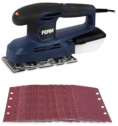 FERM Ponceuse Vibrante 240W – Vitesse Variable 6 000–11 000/min – Surface de Ponçage 90×187 mm – Fixation par pinces – Bac à poussière – Câble 3 m