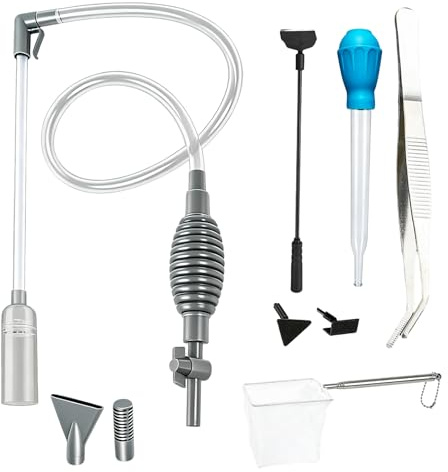 FuYelng 5 STK Aquarium Reinigungsset mit 3 Aufsätzen und Reinigungszubehör | 1,7m Mulmsauger Aquarium mit Handpumpe, für Einigung Wasserwechsel (Aquariumsauger Schaber Pipette Fischnetz Pinzette)