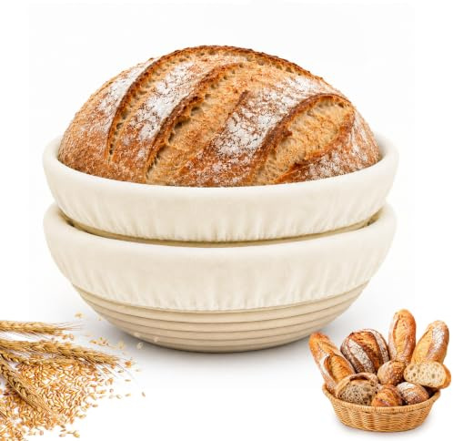 2 Pack Banneton Bread Proofing Basket with Linen, 23CM Round | Sourdough Bread Basket, Non-Stick Rattan breads for Sourdough Baking Supplies, Professional & Home Bakers