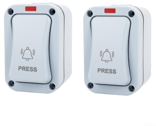 Interruptor de timbre impermeable, 2 unidades, clasificación IP66, para exteriores, para montaje en superficie, botón pulsador con luz LED gris, material ABS 20 A, AC250 V