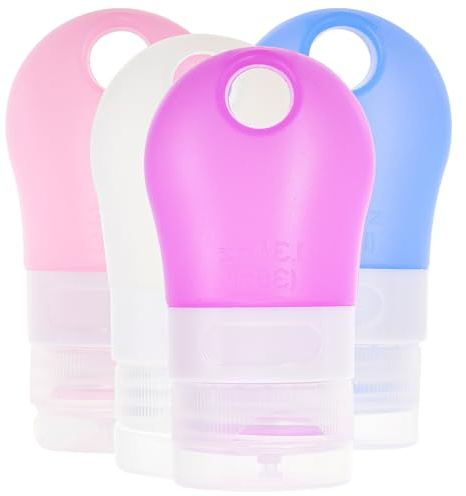 NULYLU Flacons de Voyage en Silicone Résistantes à Déformation 37ml, Lot de 4 Bouteilles Souples avec Paquet à Fermeture Éclair Pvc, Résistantes la Déformation, pour Cosmétiques et