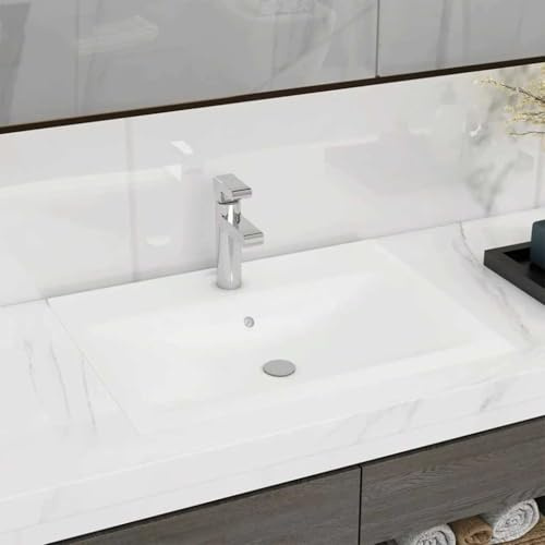Ziaphsol Lavabo di lusso con foro per rubinetto, bianco opaco, 60 x 46 cm, in ceramica, rettangolare, da incasso e sospeso, per bagno, WC degli ospiti e lavanderia