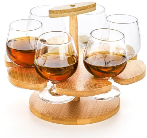 ZOOFOX 7 Pack Whiskey Flight Tasting Set, Bamboo Beer Flight Serving Tray with Handle and 6 Small Brandy Snifters, Gifts for Men and Home Bar