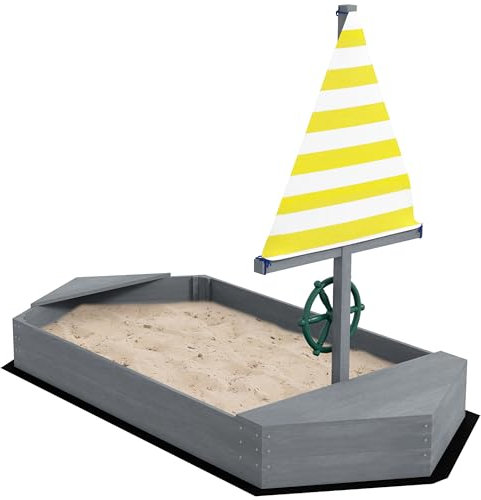 Outsunny Bac à Sable Enfant extérieur, bac à Sable en Bois, Conception de Voile, avec sièges, gouvernail et Drapeau, de 3 à 8 Ans, capacité de Sable 330 kg, Gris foncé