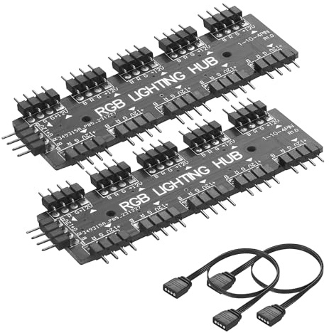 CERRXIAN 2PCS RGB LED Splitter 1 to 10 Ports 10 Way 12V 4Pin with RGB Extension Cord Support Velcro Suitable for Desktop Computers