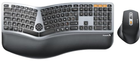 ProtoArc EKM01 Plus Clavier et Souris Ergonomique sans Fil, Bluetooth Ensembles Clavier Souris Ergo avec Repose-Poignets, Design Divisé, Rechargeable, Silencieux, AZERTY, pour PC et Mac