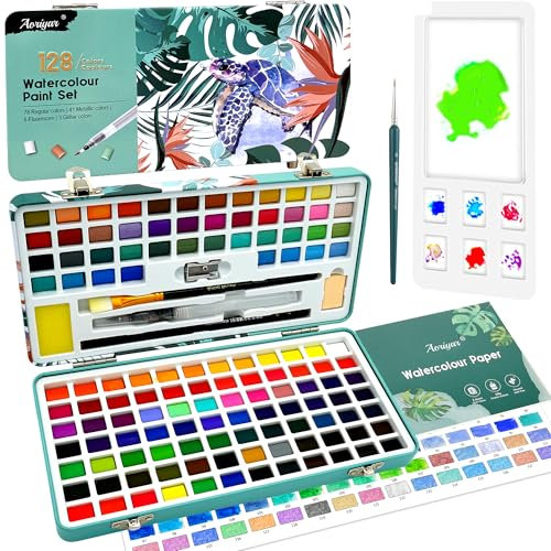 Watercolour Paint Travel Sets with Palette - 128 Art Supplies Water Color Painting Professional Kit for Kids Adults Artists - Portable Metallic Watercolours Mini Box with Major Brushes Watercolor Pens
