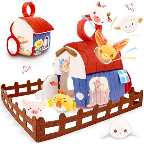 deAO Sensorik Plüschtiere Set, Bauernhof Thema, Baby Spielzeug mit Bauernhoftieren,Rassel & Spiegel,Sensorisches Montessori Spielzeug Lernspiele Motorikspielzeug, Geschenk 1 2 Jahre