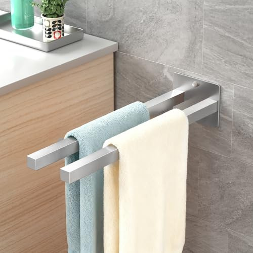 Handtuchhalter ohne Bohren/mit Bohren 304 Edelstahl 38CM Gebürstet Silber | JS Handtuchstange Wandmontage 304 Edelstahl Rostfrei Badetuchhalter Badezimmer Handtuchständer Bad für Küche Dusche Doppelt