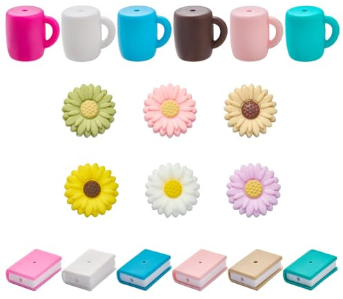 WEWAYSMILE Lot de 18 perles focales 3D en silicone pour stylos, tasses à café, perles en silicone pour la fabrication de porte-clés, perles focales florales, loisirs créatifs, stylos, cordons, bijoux