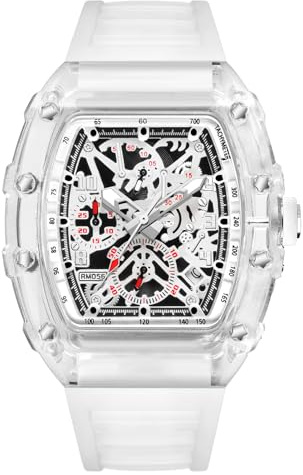 BESTKANG Fashion Hollowed Men Watches Transparent Tonneau Analog Display Quartz Date Waterproof Male Wrist Watch (White)