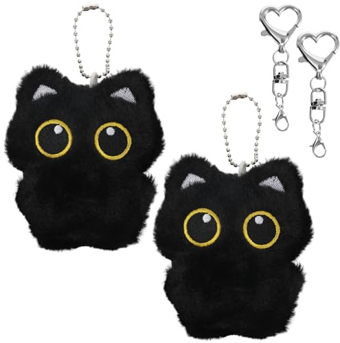 APLZGMG 2 Stück Schwarze Katzen Plüsch Schlüsselanhänger, Süße Cartoon Schwarze Katze Plüsch Anhänger mit Herz Anhänger für Taschenanhänger Geschenke Katzenliebhaber