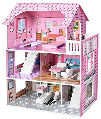 LILIIN Puppenhaus aus Holz, Dollhouse Holzpuppenhaus MDF und Puppenstube, Puppenvilla 3 Etagen Haus, Puppenhäuser inkl. Möbel, Zubehör, für Kinder, Mädchen (Typ A, 60x24x70cm)