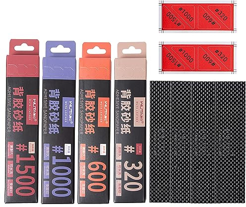 WUTA Juego de papel de lija con láminas de fibra de carbono, 120 hojas autoadhesivas en 4 granos (320/600/1000/1500) para cuero, madera, metal y plástico
