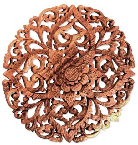 NOVICA Floral Wood Relief Panel Wall Sculpture, Brown, 'Royal Flower'